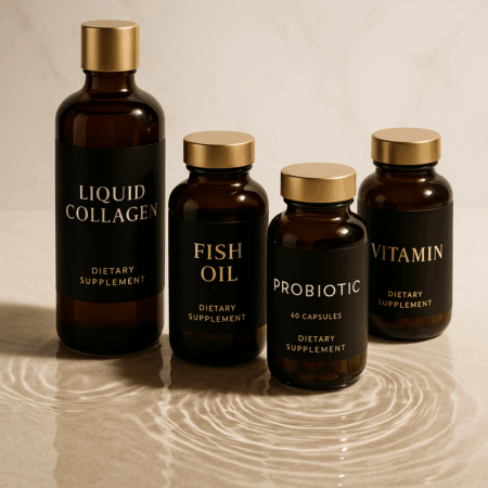 Dark-toned dietary supplement bottles – Botanical luxury skincare for BCWA visual